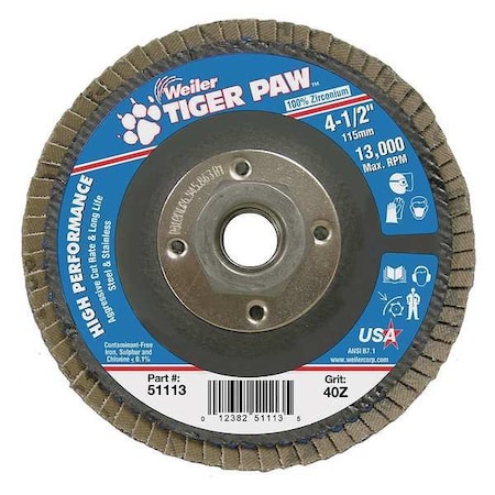 Weiler Flap Disc, Type 27, 4-1/2in. dia., 40 Grit 98811