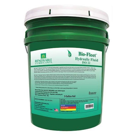Renewable Lubricants 5 gal Pail, Hydraulic Oil, 22 ISO Viscosity, Not Specified SAE 80814