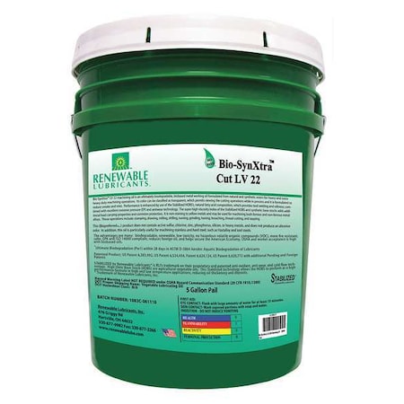 Renewable Lubricants Cutting Oil, Pail, Yellow, 5 gal. 86854