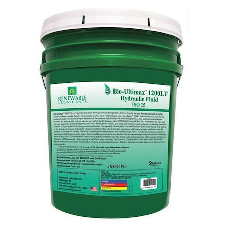 Renewable Lubricants 5 gal Pail, Hydraulic Oil, 15 ISO Viscosity, Not Specified SAE 81314