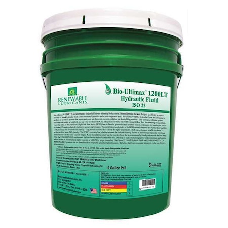 Renewable Lubricants 5 gal Pail, Hydraulic Oil, 22 ISO Viscosity, Not Specified SAE 81324