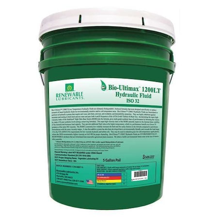 5 gal Pail, Hydraulic Oil, 32 ISO Viscosity, Not Specified SAE -  RENEWABLE LUBRICANTS, 81334