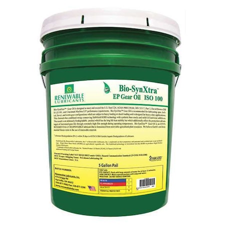 Renewable Lubricants 5 gal Gear Oil Pail 100 ISO Viscosity, 80W90 SAE, Yellow 82424