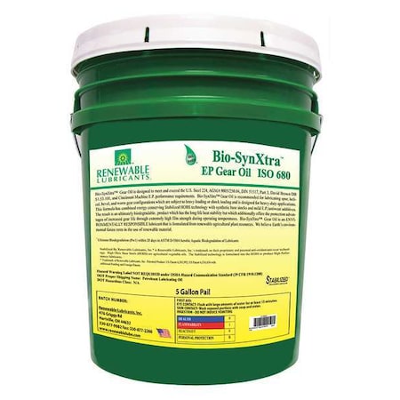 Renewable Lubricants 5 gal Gear Oil Pail 680 ISO Viscosity, Not Specified SAE, Yellow 82474