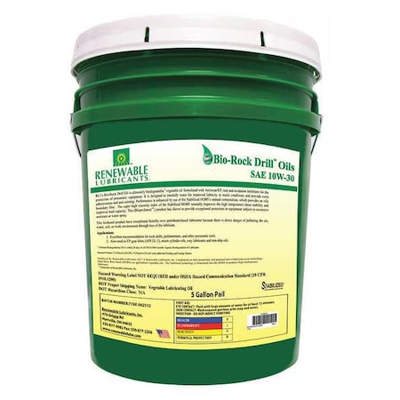 Renewable Lubricants Drill Oil, Pail, Yellow, 10W-30, 5 gal. 83014