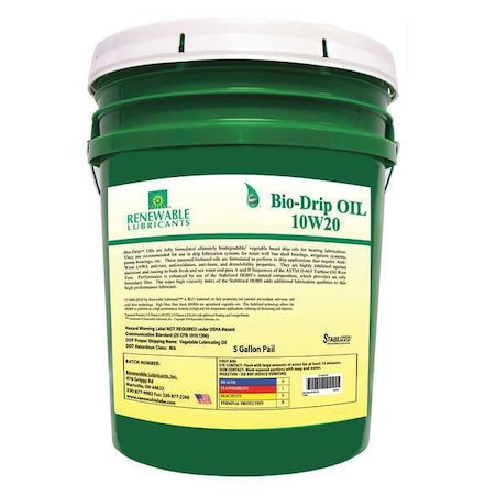 Renewable Lubricants Drill Oil, Pail, Yellow, 10W-20, 5 gal. 84014