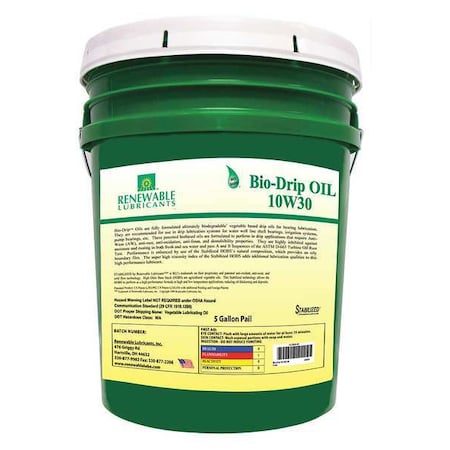 Renewable Lubricants Drill Oil, Pail, Yellow, 10W-30, 5 gal. 84024