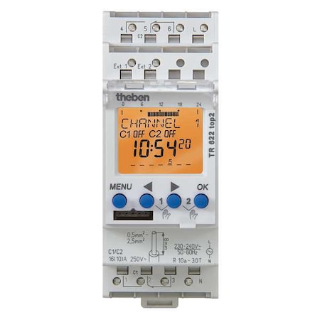 Theben Electr Timer, Din Rail, 24Hr/7D, 2Chn, 84Mem TR-622-TOP-2-12/24V