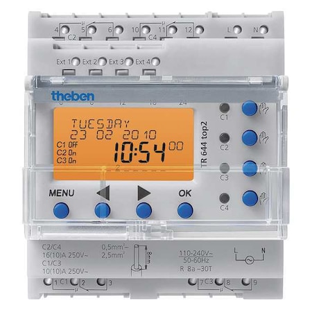 Theben Electr Timer, Din Rail, 365 Day Astro, 4Chn TR-644-TOP-2-RC-120V-240V