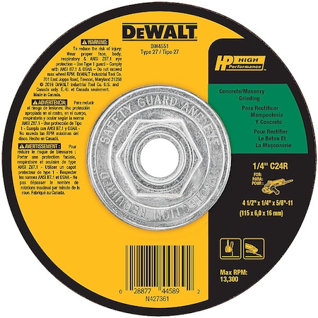 Dewalt Depressed Center Grinding Wheel, Type 27, 4 1/2 in Dia, 0.25 in Thick, 5/8"-11 Arbor Hole Size DW4551