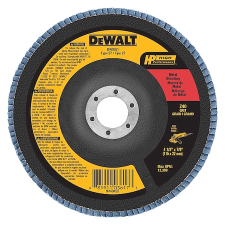 Dewalt 4-1/2" x 7/8" 40g type 27 HP flap disc DW8351