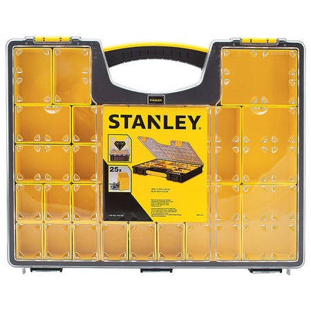 STANLEY 25 Compartment Box, 16-1/2 in W x 2-1/8 in H x 13-1/4 in L, Plastic, Black/Yellow/Clear 014725R