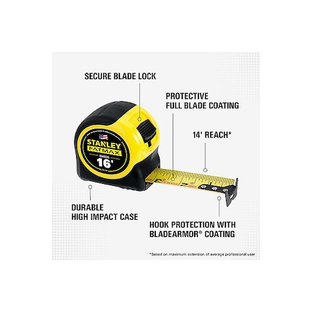 STANLEY 16 ft FATMAX Classic Tape Measure, 1-1/4 in Blade, Stud Markings, ABS Plastic Case, Rubber Grip 33-716