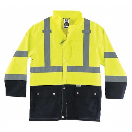 Ergodyne Hi-Vis Rain Jacket, Polyester/Polyurethane Coating, Class 3 Type R, Lime/Black, S 8365BK
