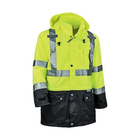 Ergodyne Hi-Vis Rain Jacket, Polyester/Polyurethane Coating, Class 3 Type R, Lime/Black, Xl 8365BK