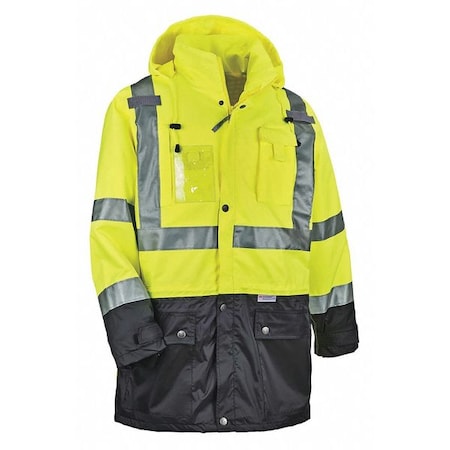 Ergodyne Hi-Vis Jacket, 300D Oxford Polyester Outer Shel, Class 3 Type R, Lime/Black, 3XL 8386