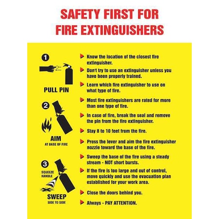 Accuform Poster, Safety First For Fire Extinguishers, 22 in H x, 17 in W, Plastic SP124488L