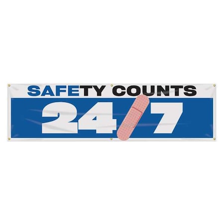 Accuform Banner, Safety Counts 24/7, 28 in H x, 96 in W, Poly Sheeting MBR936