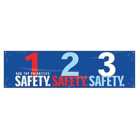 Accuform Banner, Our Top Priorities 1, 2, 3 Safety, 28 in H x, 96 in W, Poly Sheeting MBR951