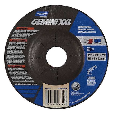 Norton Abrasives Depressed Center Grinding Wheel, Type 27, 4 1/2 in Dia, 0.25 in Thick, 7/8 in Arbor Hole Size 66252843784