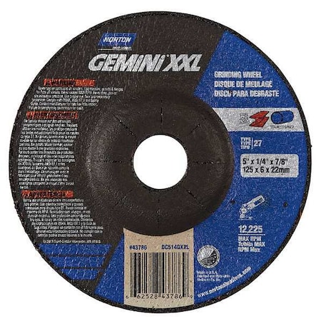 Norton Abrasives Depressed Center Grinding Wheel, Type 27, 5 in Dia, 0.25 in Thick, 7/8 in Arbor Hole Size, 24 Grit 66252843786