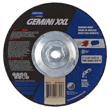 Norton Abrasives Depressed Center Grinding Wheel, Type 27, 7 in Dia, 0.25 in Thick, 5/8"-11 Arbor Hole Size, 24 Grit 66252843791