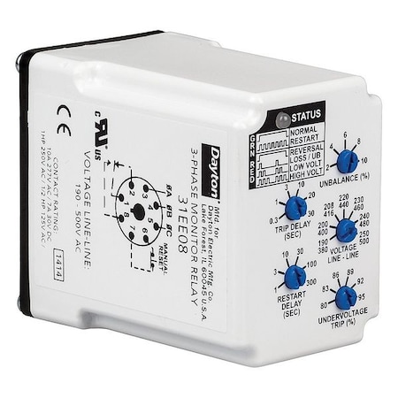 Dayton 3 Phase Monitor Relay, SPDT, 500VAC, 8 Pin PMPU-B18