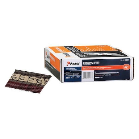 Paslode Collated Framing Nail, 3 in L, 10 ga, Brite, Flat Head, 30 Degrees, 2500 PK 650830