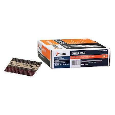 Paslode Collated Framing Nail, 3-1/4 in L, 10 ga, Brite, Flat Head, 30 Degrees, 2500 PK 650839