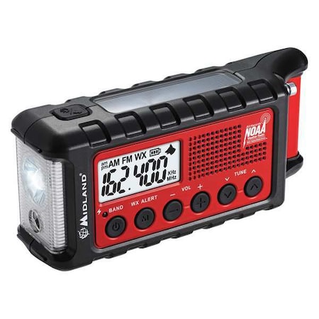 MIDLAND Emergency Alert Radio, Red/Black, LCD, 7inL ER310