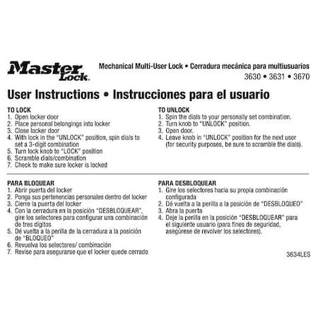 Master Lock Instruction Sticker, English/Spanish, PK10 3634LES