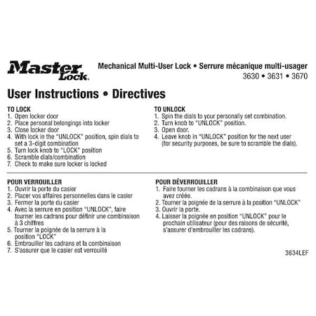Master Lock Instruction Sticker, English/French 3634LEF