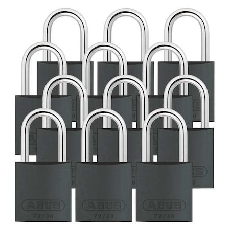 Abus Lockout Padlock, Keyed Alike, Aluminum, Black, 1 in Shackle Height, 1 1/4 in Body Width, 12 PK 72/30 KA X 12