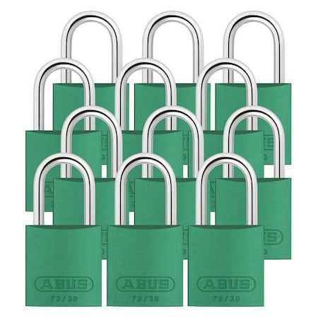Abus Lockout Padlock, Keyed Alike, Aluminum, Green, 1 in Shackle Height, 1 1/4 in Body Width, 12 PK 72/30 KA X 12