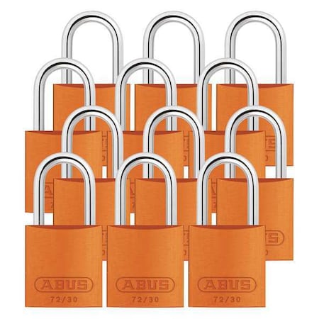 Abus Lockout Padlock, Keyed Alike, Aluminum, Orange, 1 in Shackle Height, 1 1/4 in Body Width, 12 PK 72/30 KA X 12