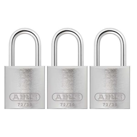 Abus Lockout Padlock, Keyed Alike, Aluminum, Silver, 1 in Shackle Height, 1 1/4 in Body Width, 3 PK 72/30 KA X 3
