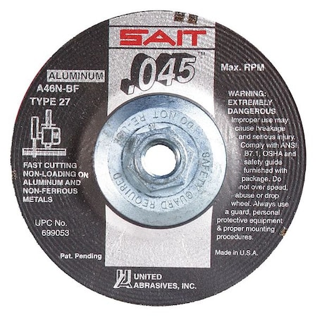United Abrasives/Sait Depressed Center Cut-Off Wheel, Type 27, 4 1/2 in Dia, 0.045 in Thick, 5/8"-11 Arbor Hole Size 23320