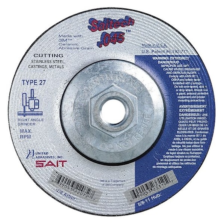 United Abrasives/Sait Depressed Center Cut-Off Wheel, Type 27, 4 1/2 in Dia, 0.045 in Thick, 5/8"-11 Arbor Hole Size 23319