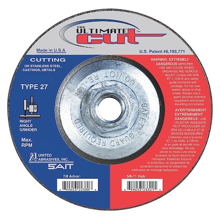 United Abrasives/Sait Depressed Center Cut-Off Wheel, Type 27, 5 in Dia, 0.045 in Thick, 5/8"-11 Arbor Hole Size, 60 Grit 23308