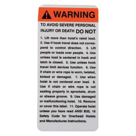 Coffing Hoists Coffing Warning Tag PB296