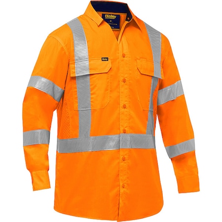Bisley Hi-Vis Long Sleeve Button Front Shirt, 3, R, Cotton, Polyester, Orange, 3X 313M6490X-O/3X
