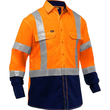 Bisley Hi-Vis Long Sleeve Button Front Shirt, 3, R, Cotton, Polyester, Ripstop, Orange/Black, L 313M6491H-ON/L