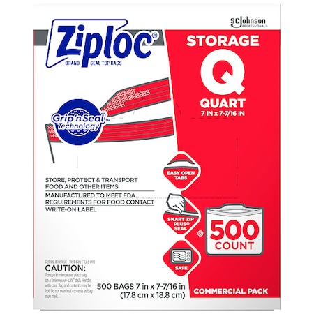 Ziploc Reclosable Poly Bag, Double Zip Seal, 7-7/16" x 7", 1.75 mil Thickness, Clear, 500PK 364899
