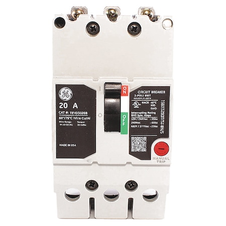Ge Molded Case Circuit Breaker, TEYD Series, 20A, 3 Pole, 277/480V AC, 25kA at 277/480V AC TEYD3020B