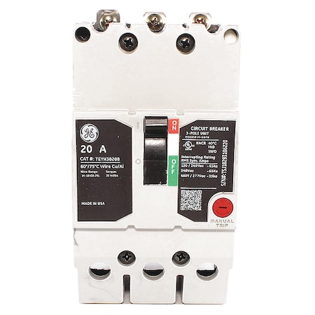 Ge Molded Case Circuit Breaker, TEYH Series, 20A, 3 Pole, 277/480V AC, 35kA at 277/480V AC TEYH3020B