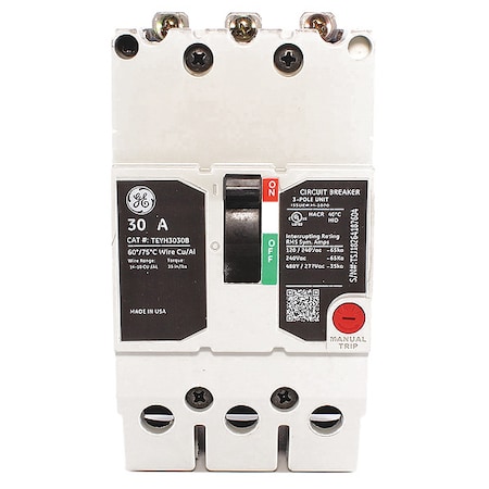 Ge Molded Case Circuit Breaker, TEYH Series, 30A, 3 Pole, 277/480V AC, 35kA at 277/480V AC TEYH3030B