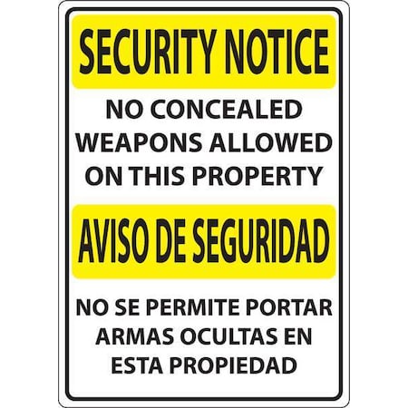 Zing Concealed Carry Sign, 14 in Height, 10 in Width, Plastic, Rectangle, English, Spanish 2829