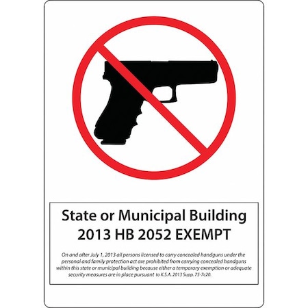 Zing Kansas Municipal Concealed Carry Sign, 14 in Height, 10 in Width, Plastic, Vertical Rectangle 2801