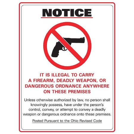 Zing Ohio Concealed Carry Sign, 14 in Height, 10 in Width, Plastic, Rectangle, English 2805