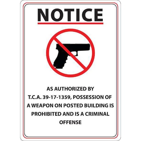 Zing Tennessee Concealed Carry Sign, 14 in Height, 10 in Width, Plastic, Rectangle, English 2807